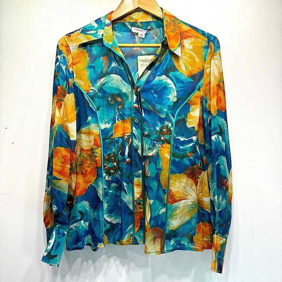 Coldwater Creek NEW Bright Floral Sheer Blouse with Satin Ribbon Trim Size PM - Picture 1 of 11